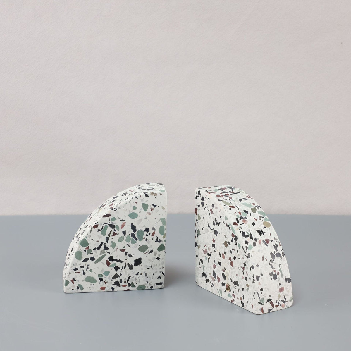 Bookends in Solid Natural Marble and Terrazzo, Sculptural Form