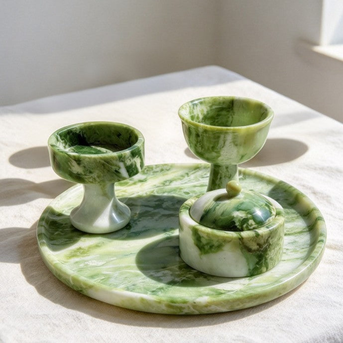 Candle Holder Set in Polished Natural Marble with Round Tray