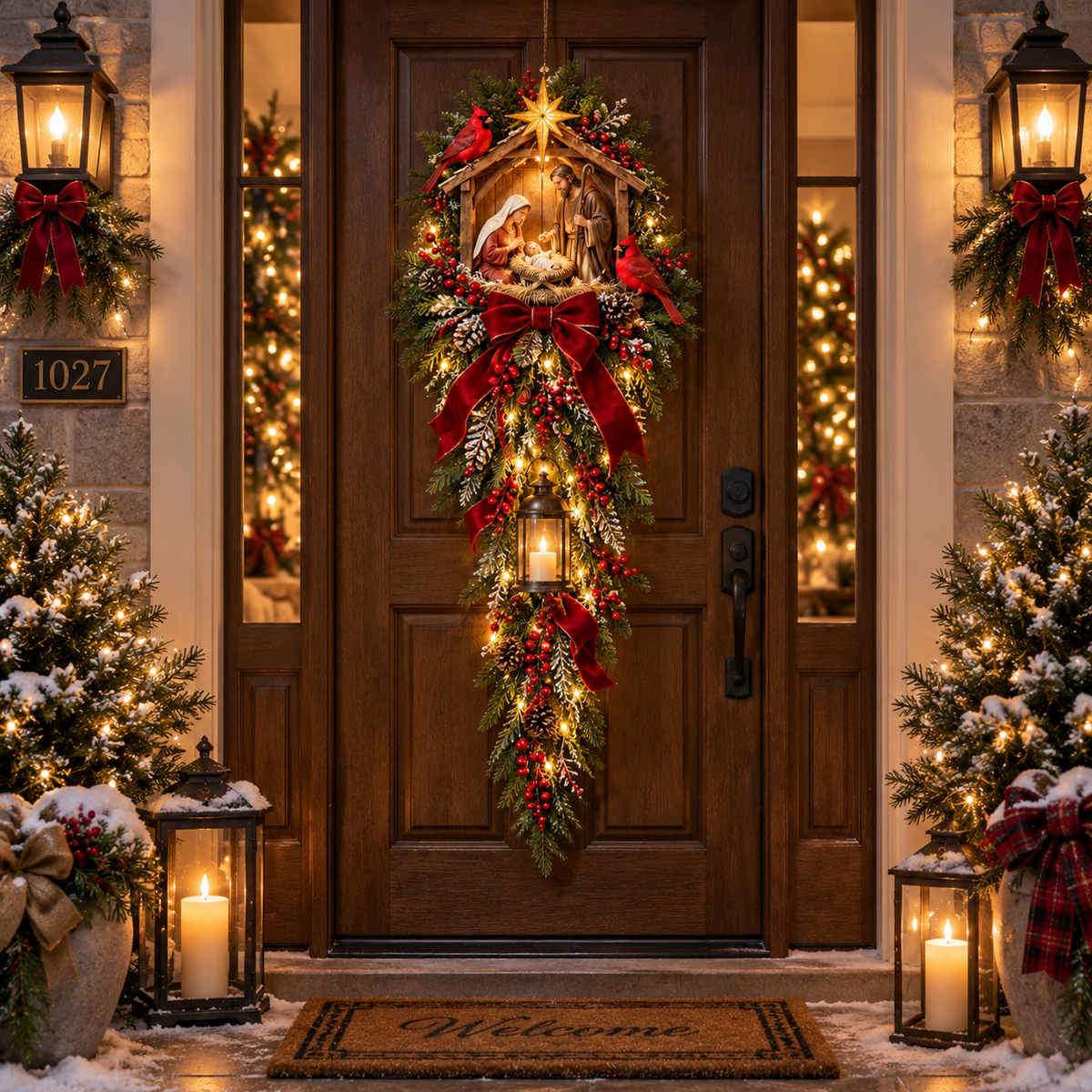 Christmas Decorations, Light-Up Door Swag with Nativity Scene and Lantern