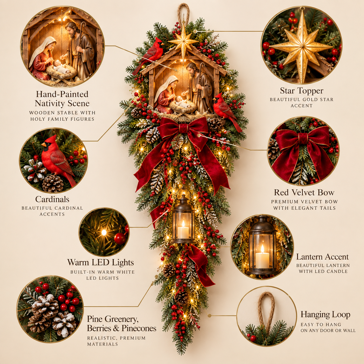 Christmas Decorations, Light-Up Door Swag with Nativity Scene and Lantern