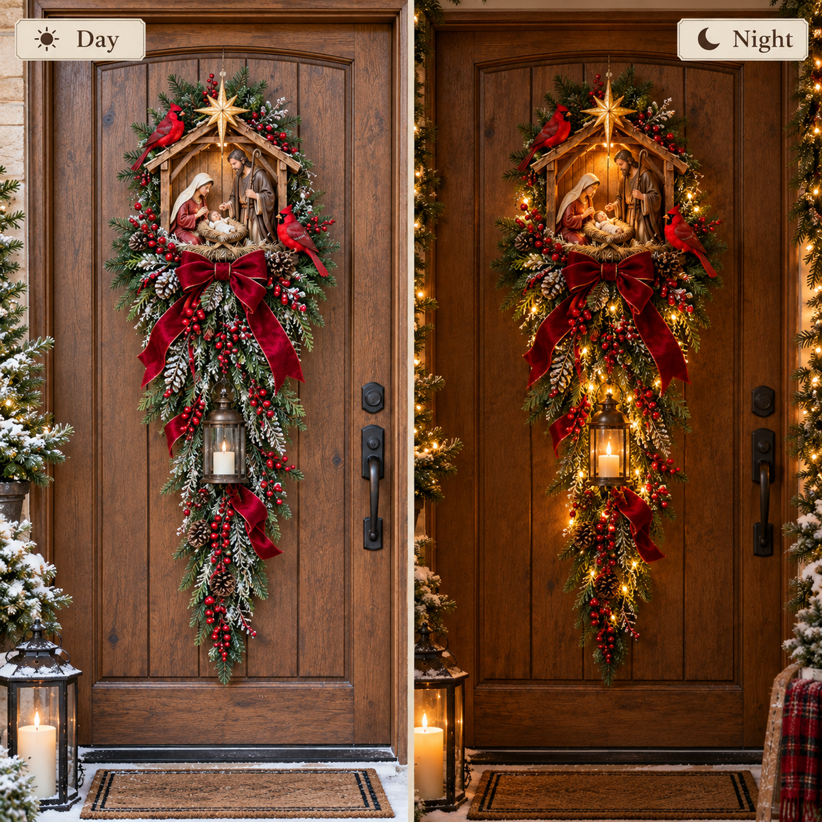 Christmas Decorations, Light-Up Door Swag with Nativity Scene and Lantern