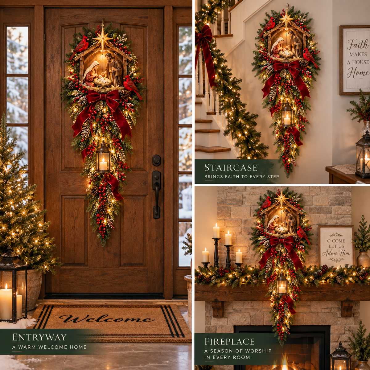 Christmas Decorations, Light-Up Door Swag with Nativity Scene and Lantern