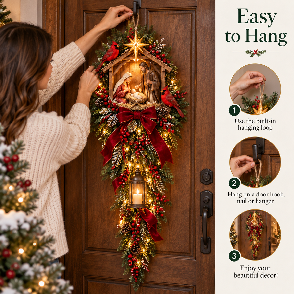 Christmas Decorations, Light-Up Door Swag with Nativity Scene and Lantern