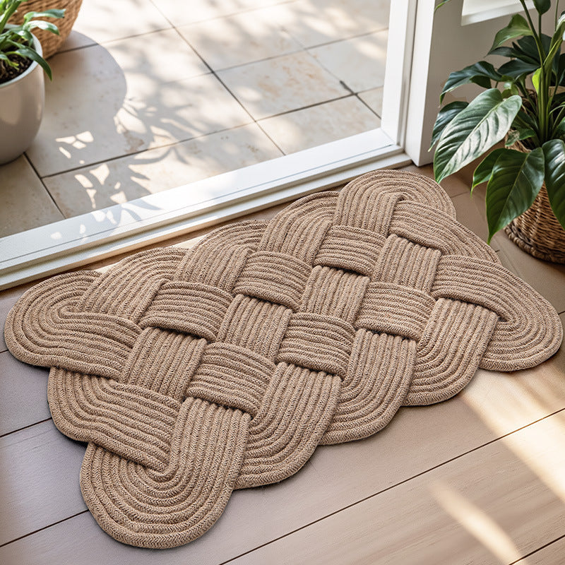 Door Mat in Hand-Braided Natural Jute Cord, Oval Knot Design
