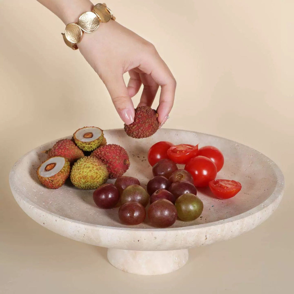 Fruit Bowl in Solid Natural Travertine with Conical Pedestal