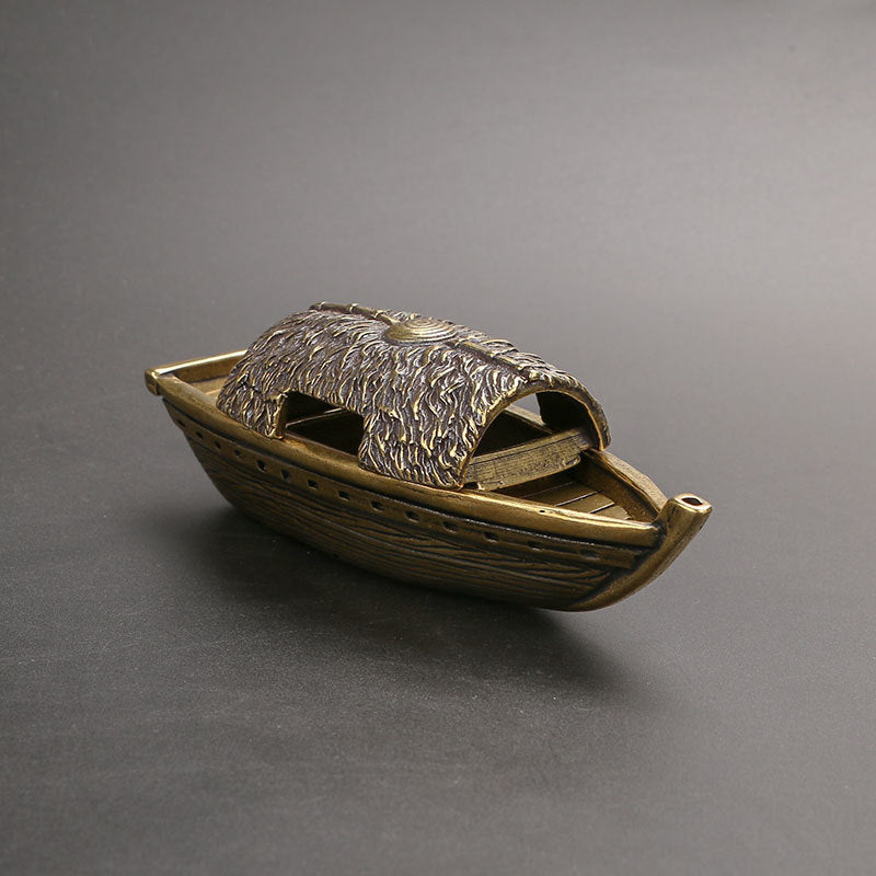 Incense Holder in Solid Brass, Boat Shape with Hand-Chased Antique Patina