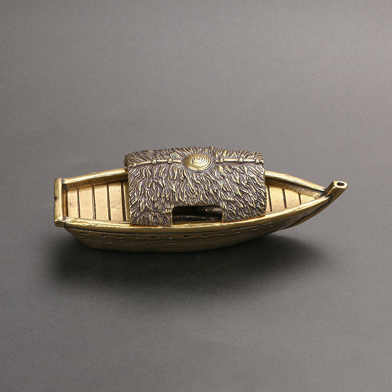 Incense Holder in Solid Brass, Boat Shape with Hand-Chased Antique Patina