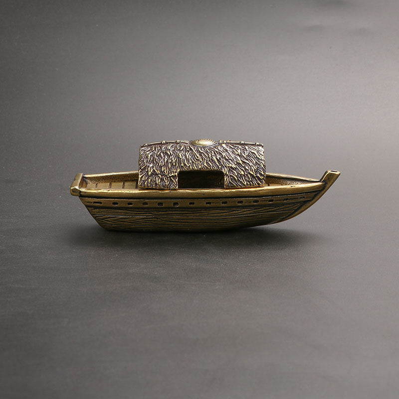 Incense Holder in Solid Brass, Boat Shape with Hand-Chased Antique Patina