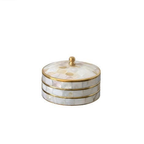 Jewellery Box in Mother-of-Pearl and Metal, Round with Lid