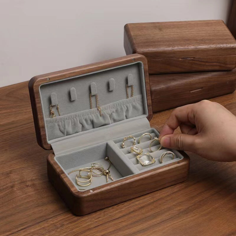 Jewellery Box in Solid Walnut Wood with Velvet Lining, Hinged Lid
