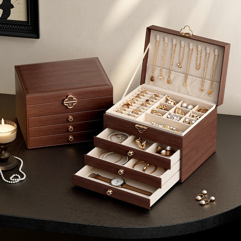 Jewellery Box in Walnut Wood Effect with Three Drawers, Velvet Lining