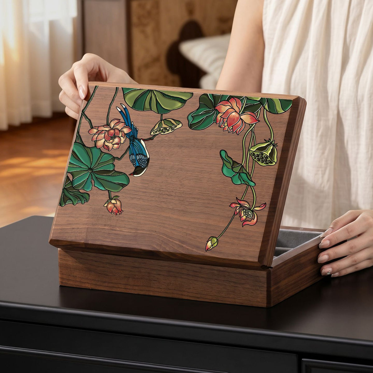Jewellery Box in Walnut Wood with Lotus Decoration, Velvet Lining and Lock