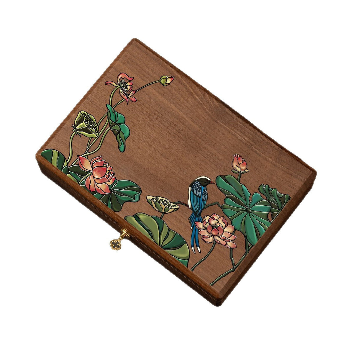 Jewellery Box in Walnut Wood with Lotus Decoration, Velvet Lining and Lock