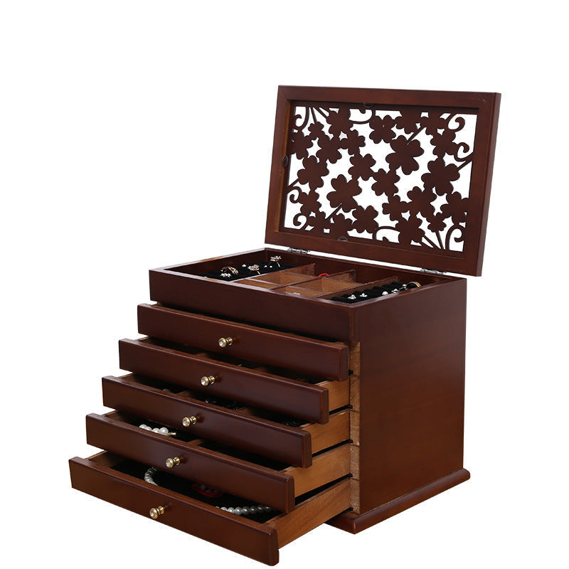 Jewellery Box in Wood with Drawers, Ornamental Lid and Velvet Lining