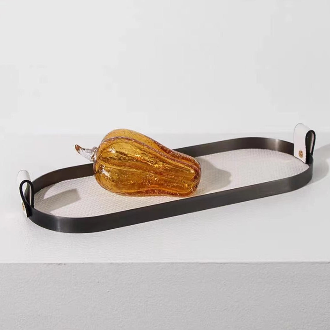 Oval Decorative Tray in Brushed Metal with Leather Inlay and Handles