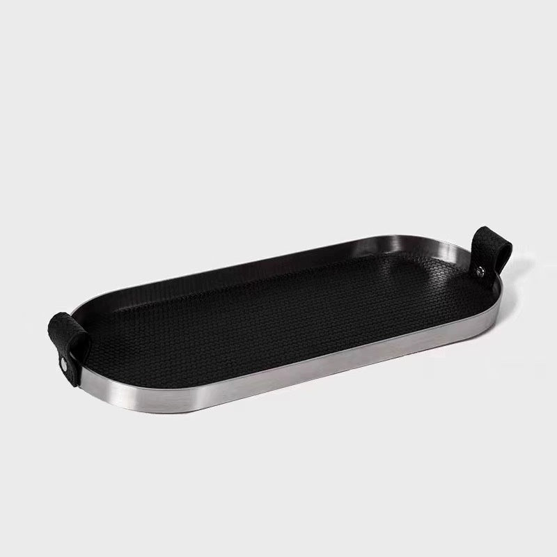 Oval Decorative Tray in Brushed Metal with Leather Inlay and Handles