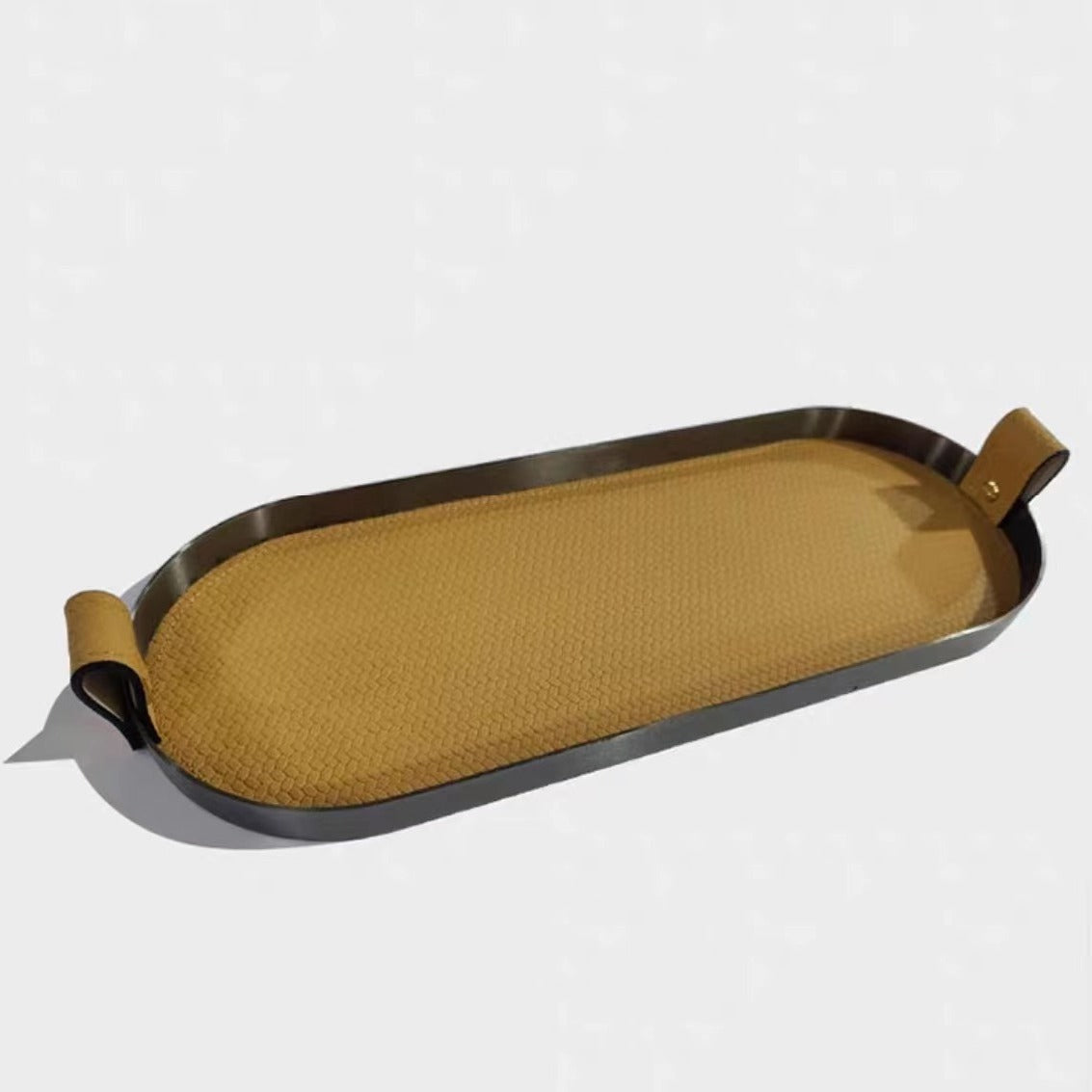 Oval Decorative Tray in Brushed Metal with Leather Inlay and Handles