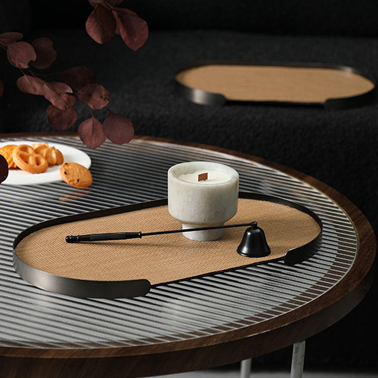 Oval Tray in Brushed Metal with Textured Leather Inlay