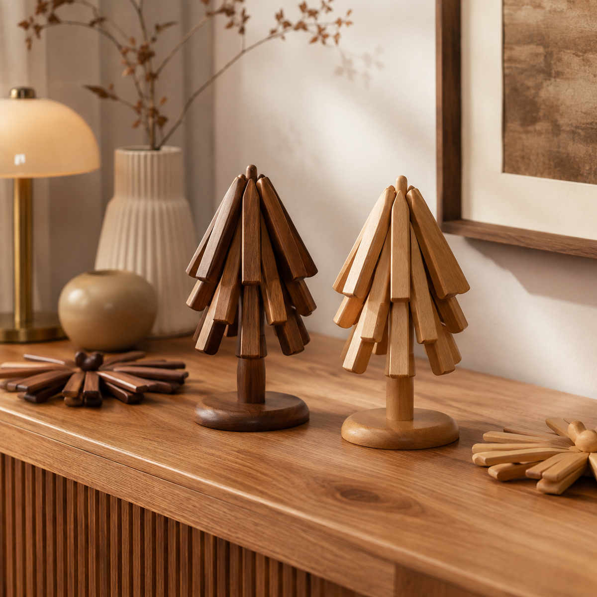 Placemats in Wood, Foldable and Heat-Resistant, Star-Shaped Trivets