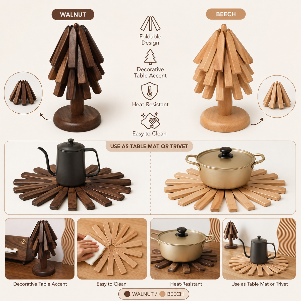 Placemats in Wood, Foldable and Heat-Resistant, Star-Shaped Trivets