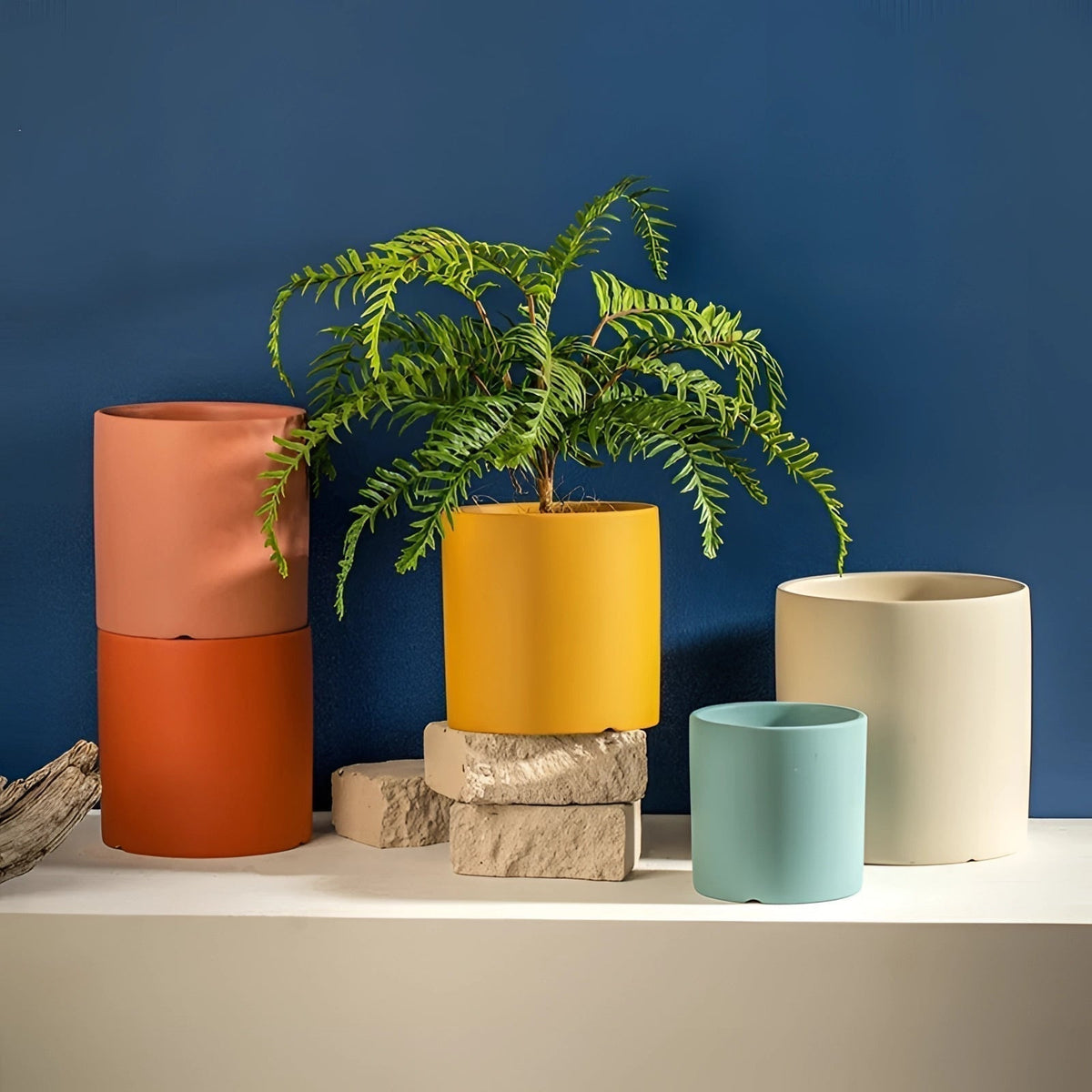 Plant Pot in Glazed Ceramic with Drainage Hole, Cylindrical Indoor Planter