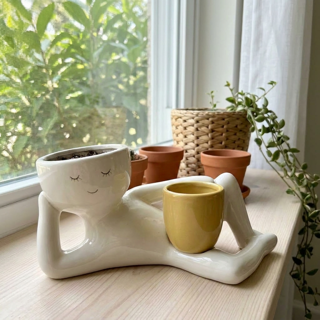 Plant Pot in Hand-Finished Polyresin, Glossy Reclining Figure