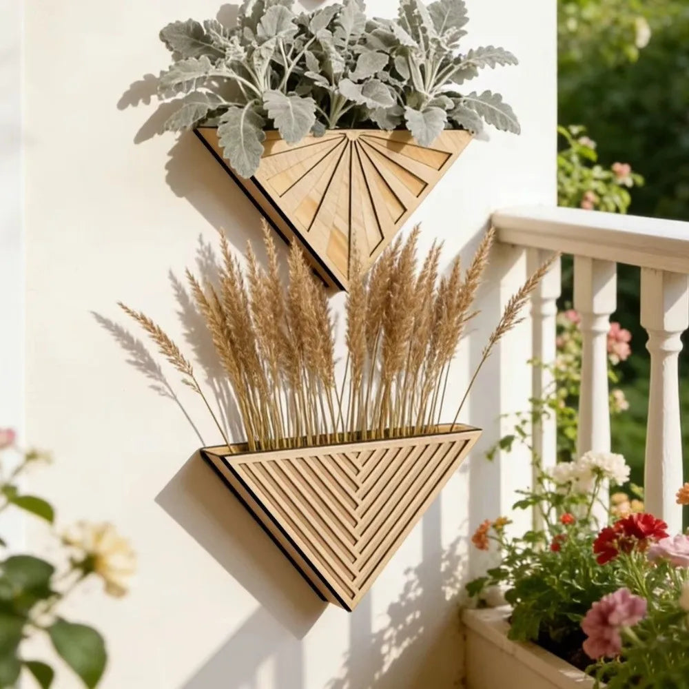 Plant Pot in Wood, Wall-Mounted Geometric Triangle Design