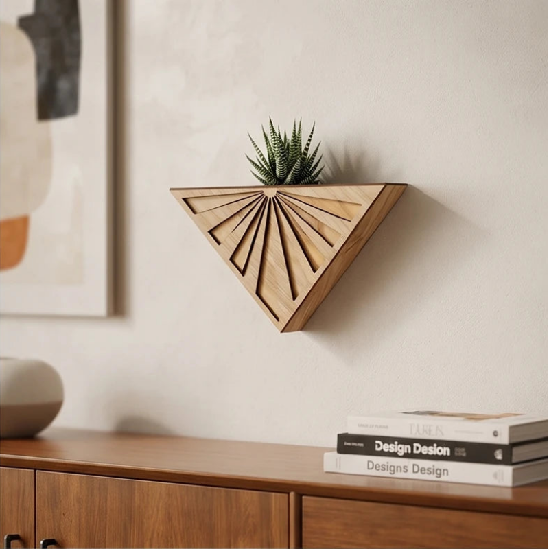 Plant Pot in Wood, Wall-Mounted Geometric Triangle Design