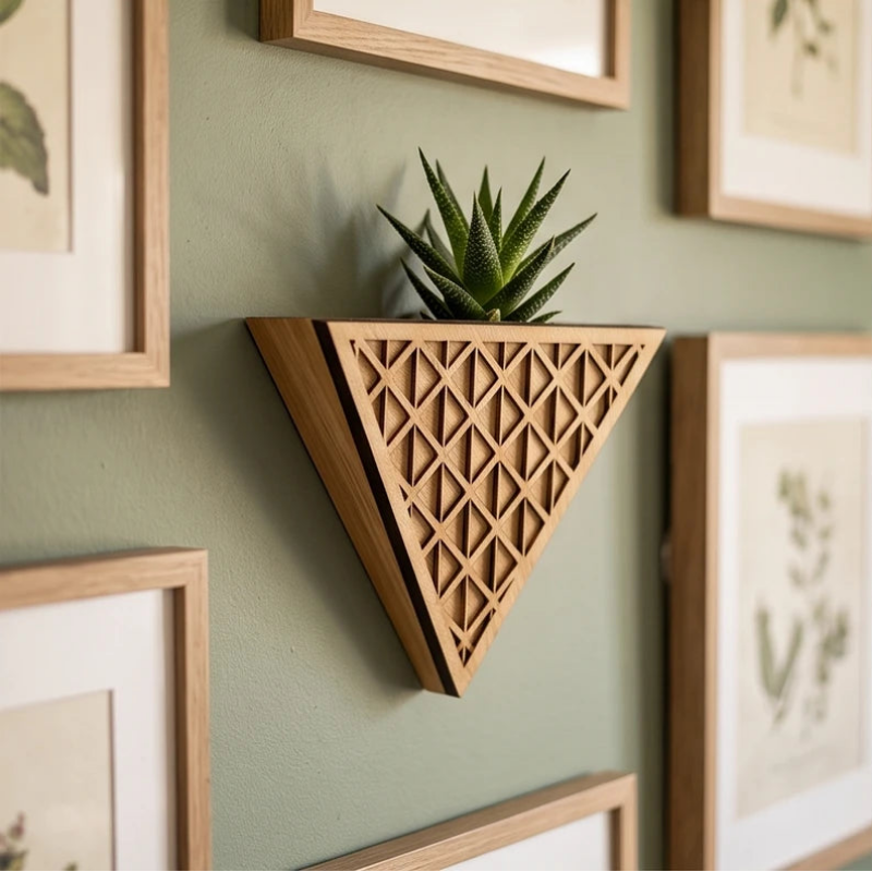 Plant Pot in Wood, Wall-Mounted Geometric Triangle Design