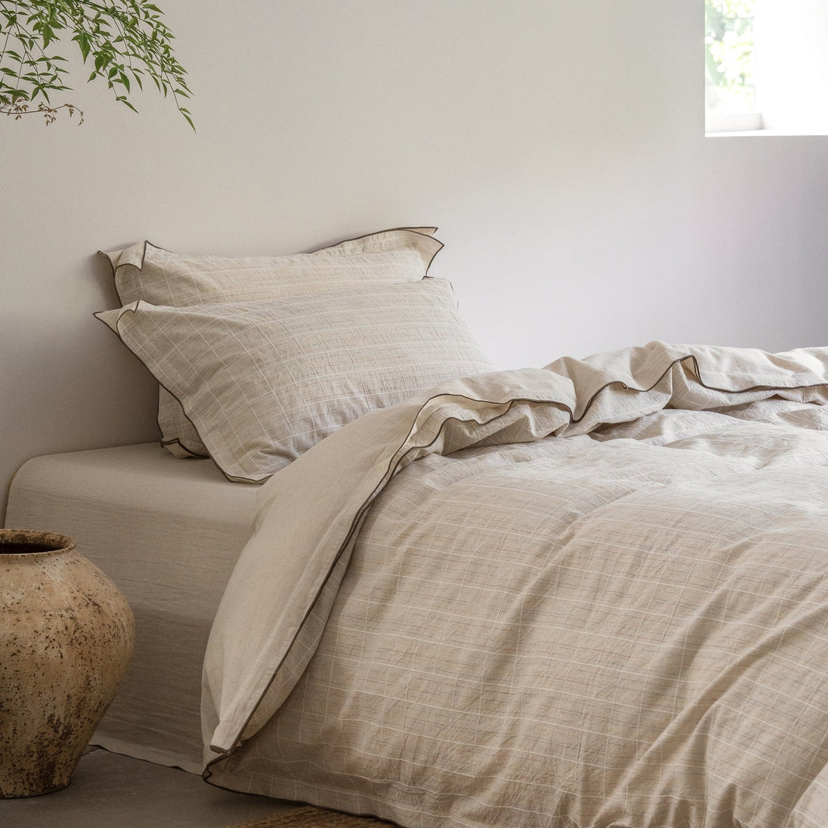 Quilt Cover Set in Linen-Cotton Blend with Check Pattern and Contrast Piping
