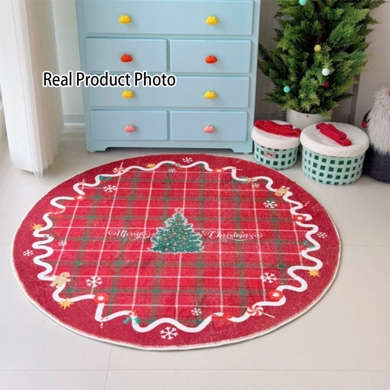 Round Rug with Christmas Motifs, Machine Washable, Slip-Resistant