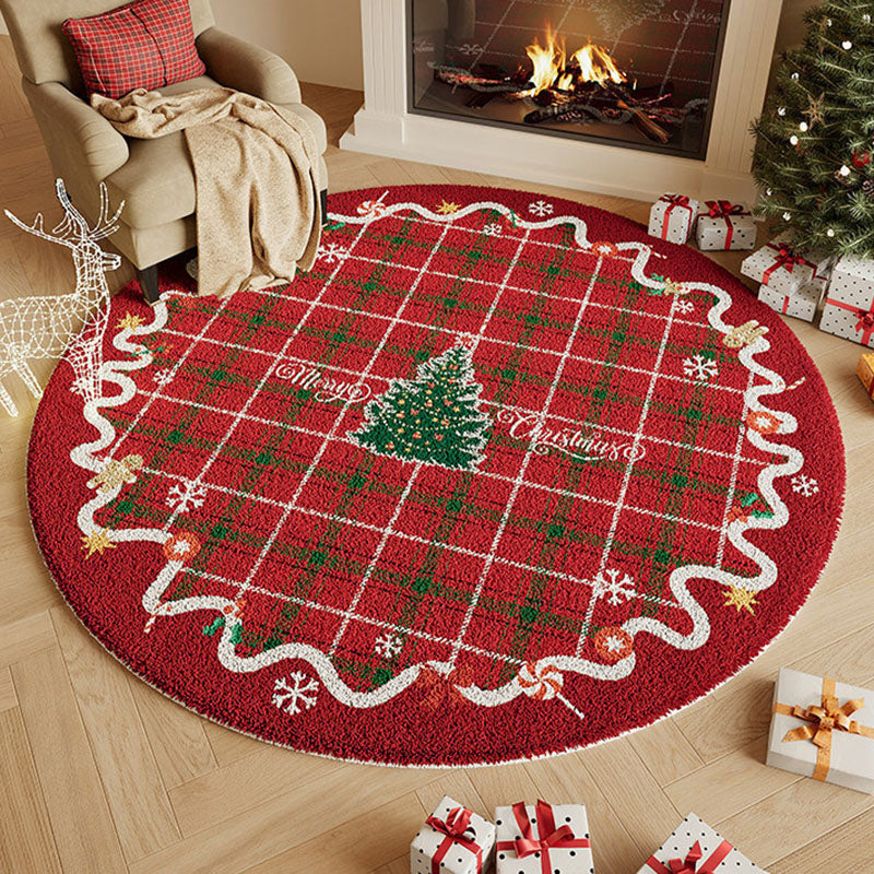 Round Rug with Christmas Motifs, Machine Washable, Slip-Resistant