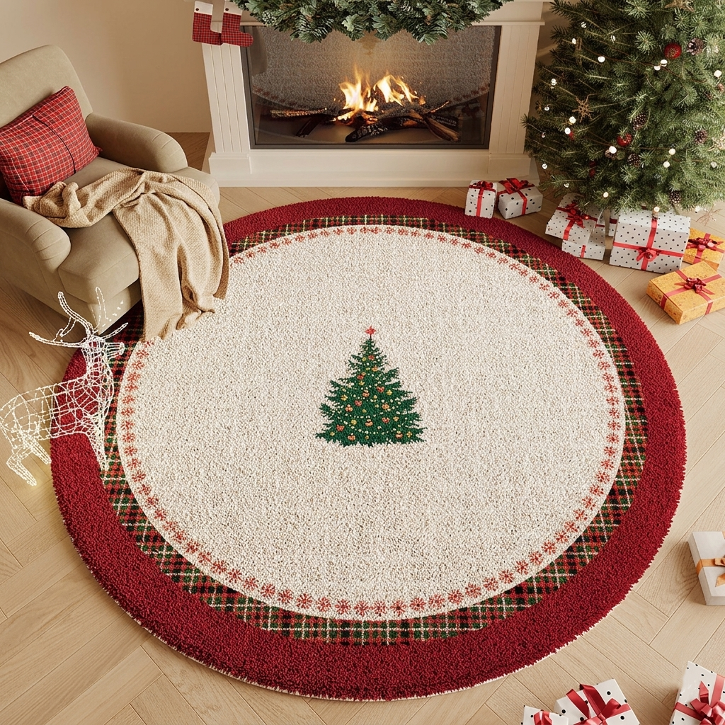 Round Rug with Christmas Motifs, Machine Washable, Slip-Resistant