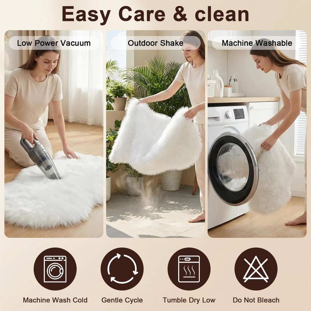 Rug in Faux Fur, Long Pile, Non-Slip Backing and Washable Finish