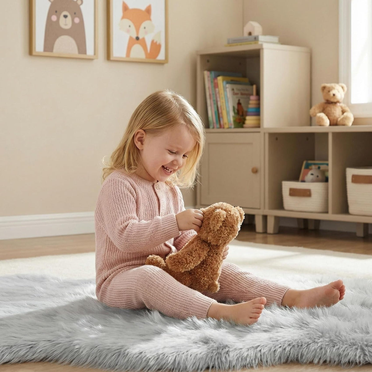 Rug in Faux Fur, Long Pile, Non-Slip Backing and Washable Finish