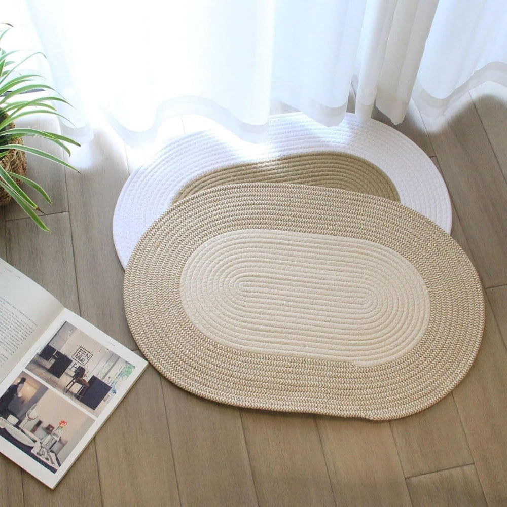 Rug in Hand-Braided Hemp, Oval Shape with Boho-Style Border