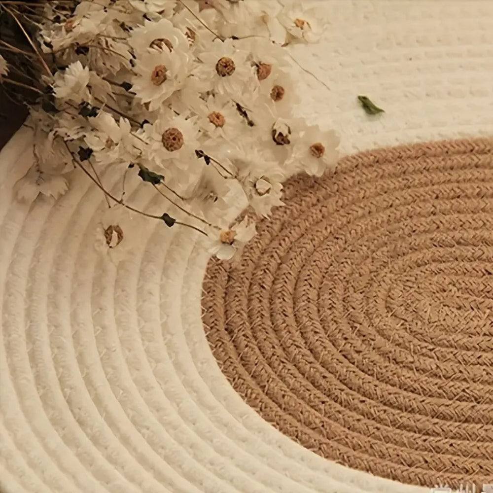Rug in Hand-Braided Hemp, Oval Shape with Boho-Style Border