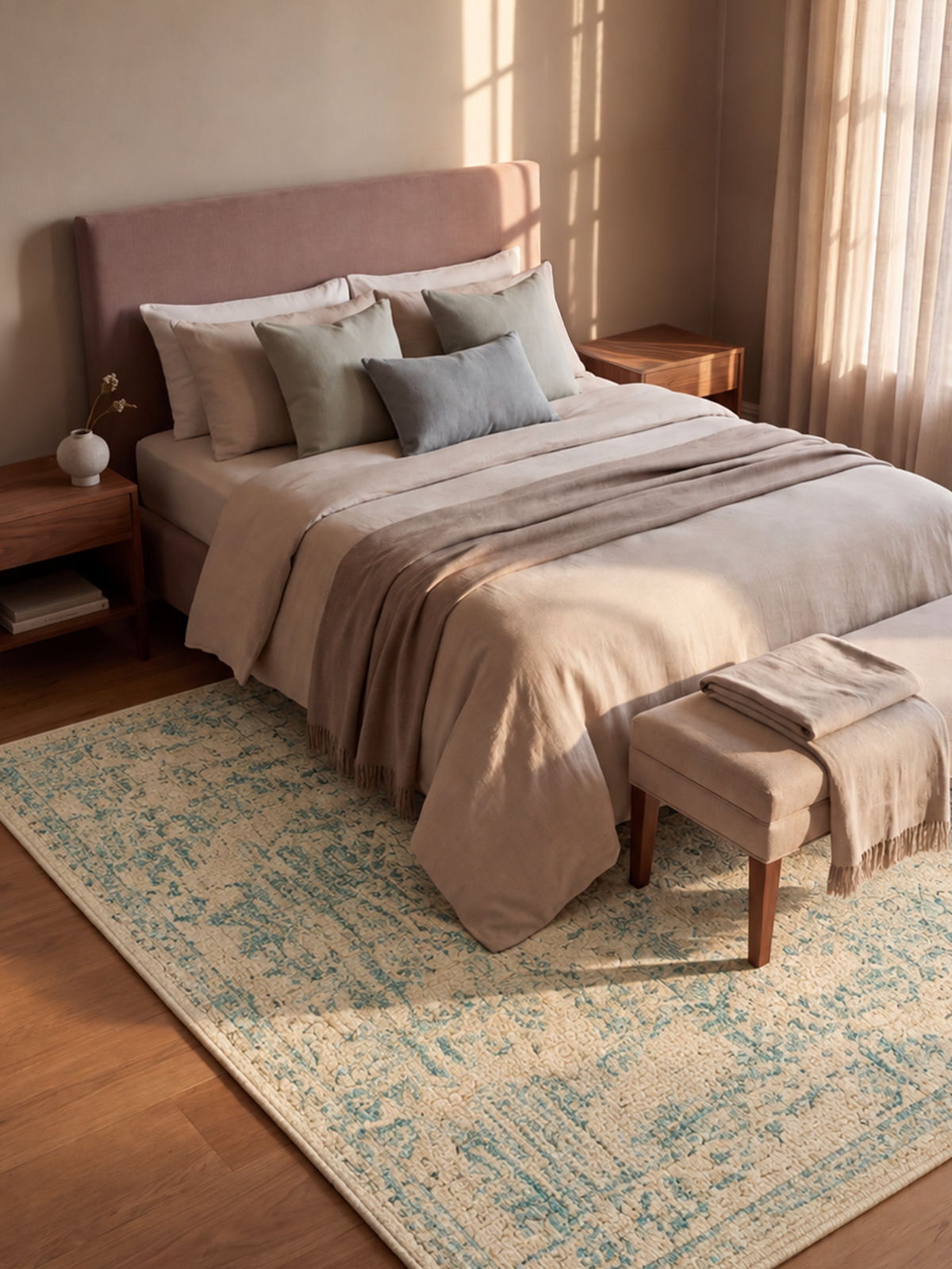 Rug in Wool and Cotton Blend, Hand-Tufted with Floral Persian Pattern