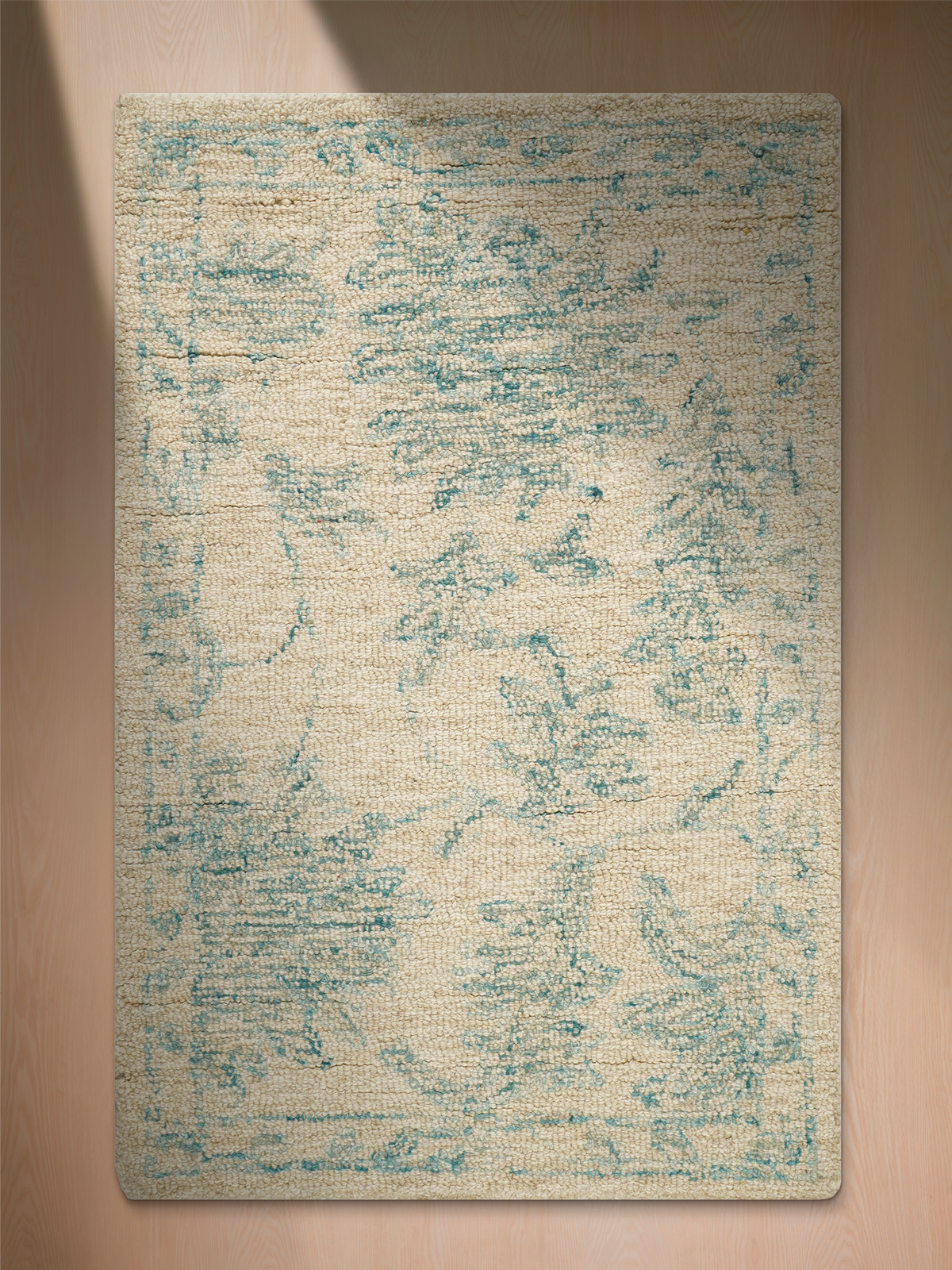 Rug in Wool and Cotton Blend, Hand-Tufted with Floral Persian Pattern