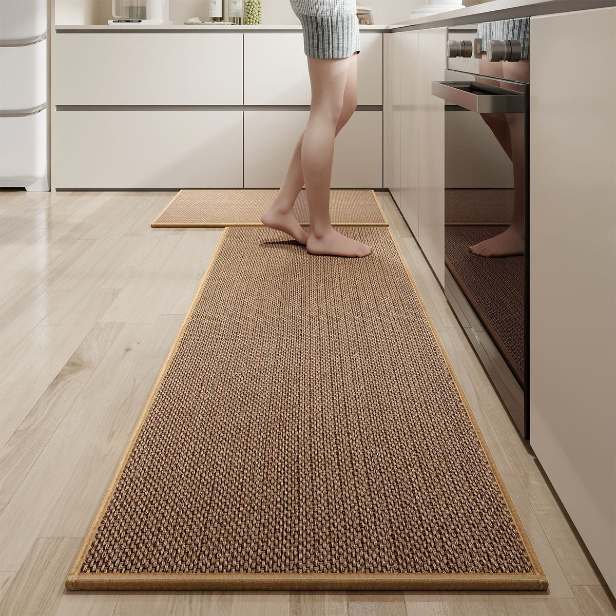 Rug Runner in Dense Sisal-Look Weave with Fabric Border, Non-Slip