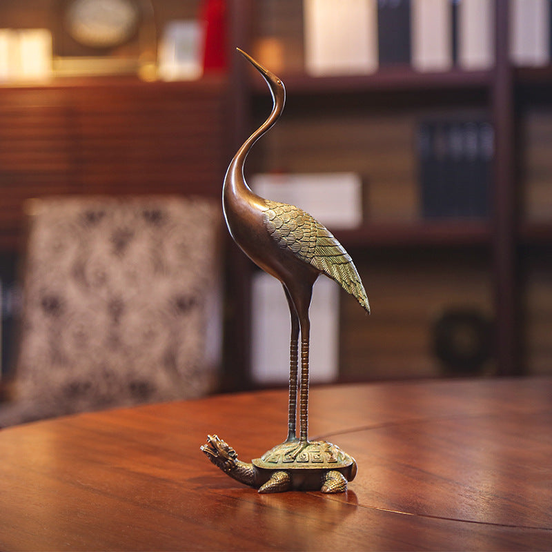 Sculpture in Solid Patinated Brass, Crane on Turtle Figurine