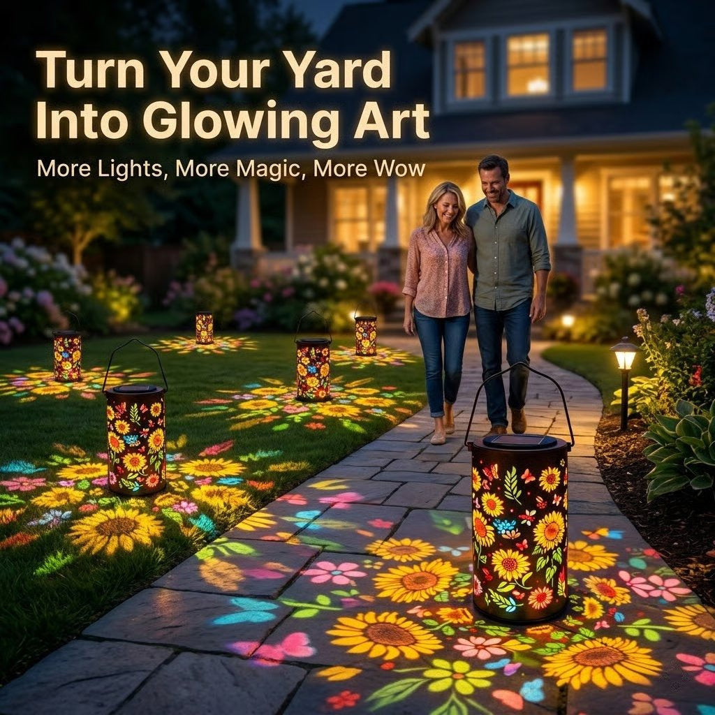 Solar Lights Metal Lantern with Sunflower and Butterfly Projections