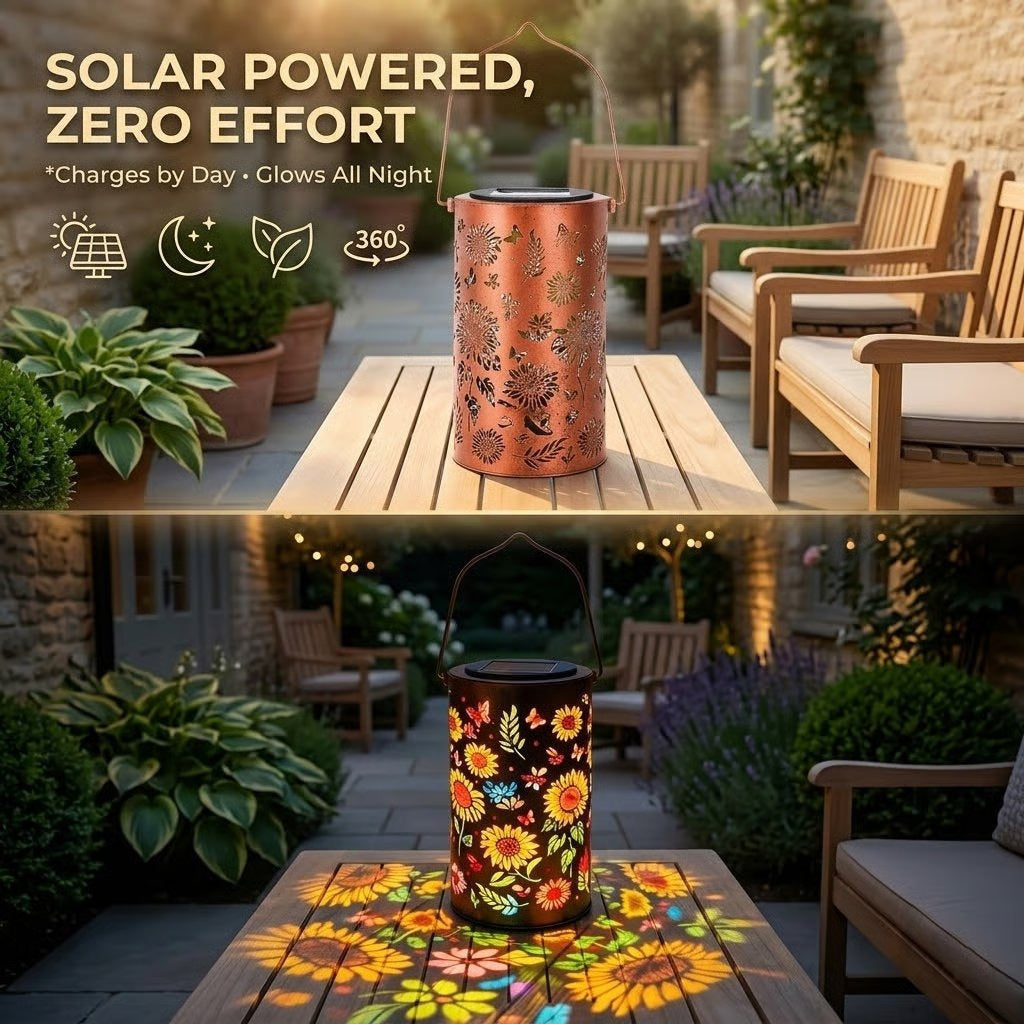 Solar Lights Metal Lantern with Sunflower and Butterfly Projections