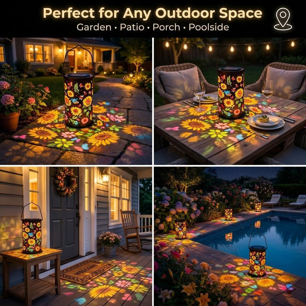 Solar Lights Metal Lantern with Sunflower and Butterfly Projections