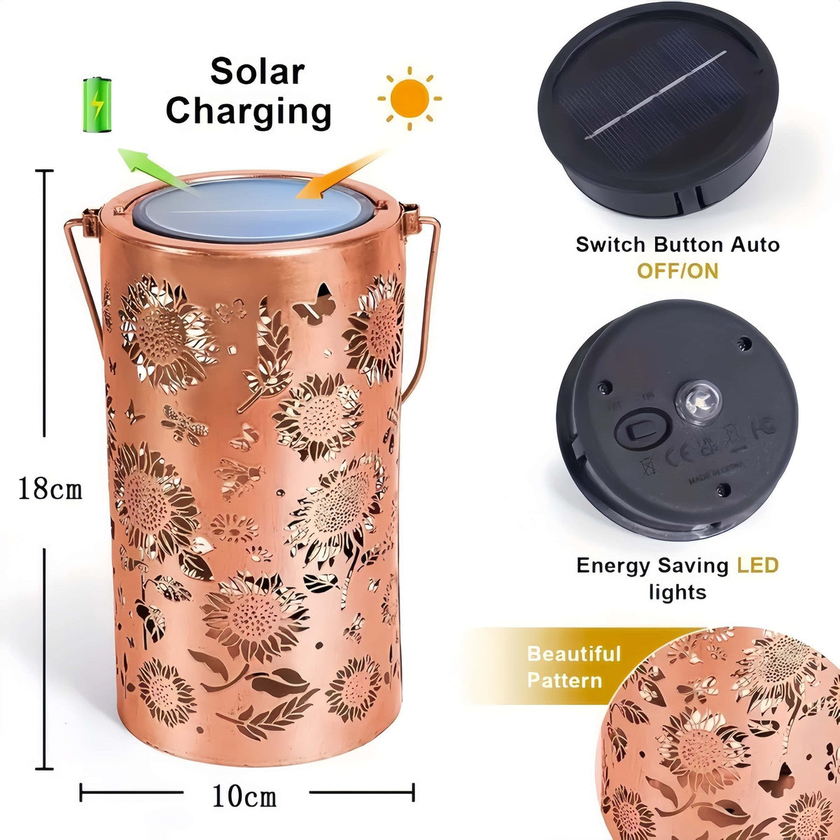 Solar Lights Metal Lantern with Sunflower and Butterfly Projections