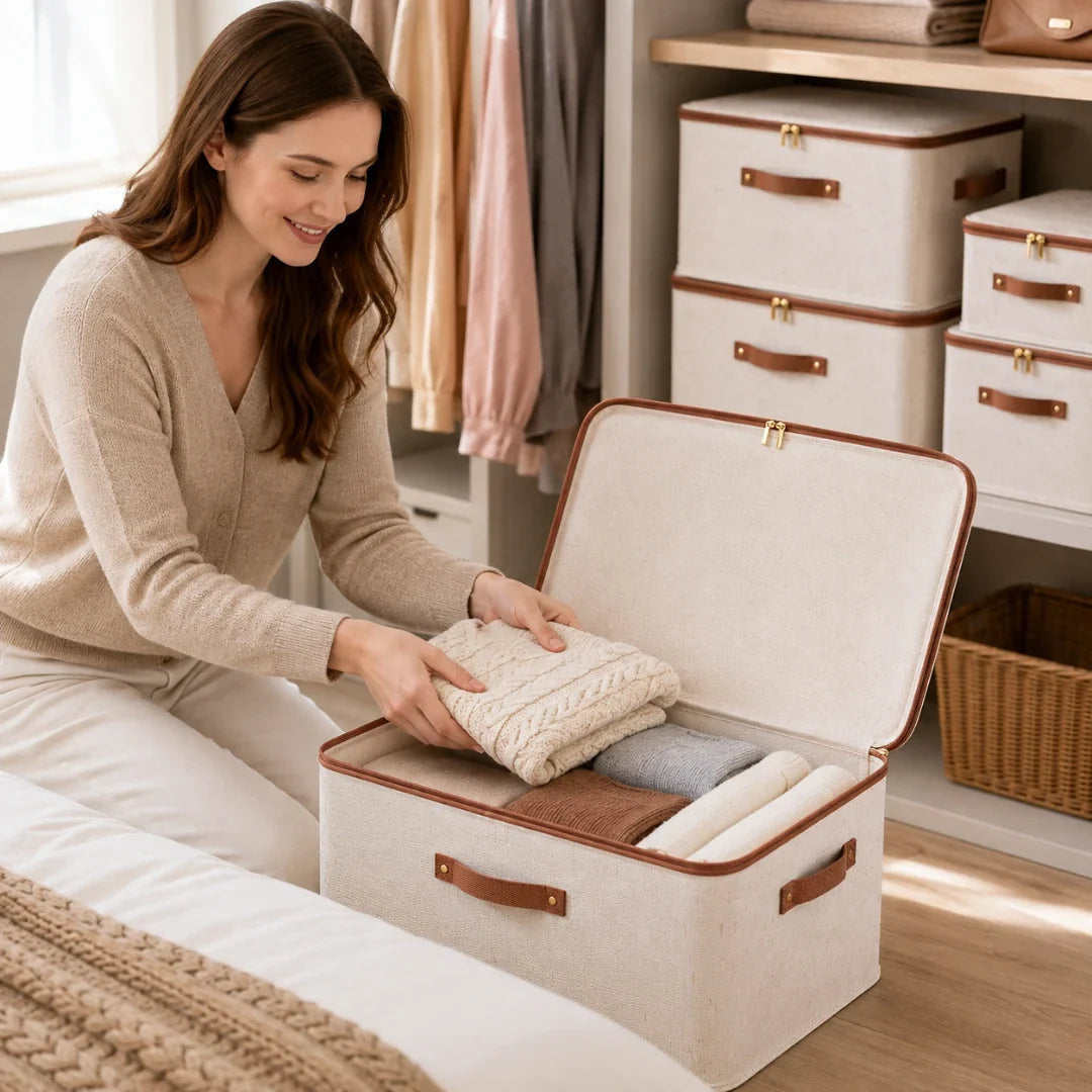 Storage Box in Cotton and Linen, Foldable with Zipped Lid