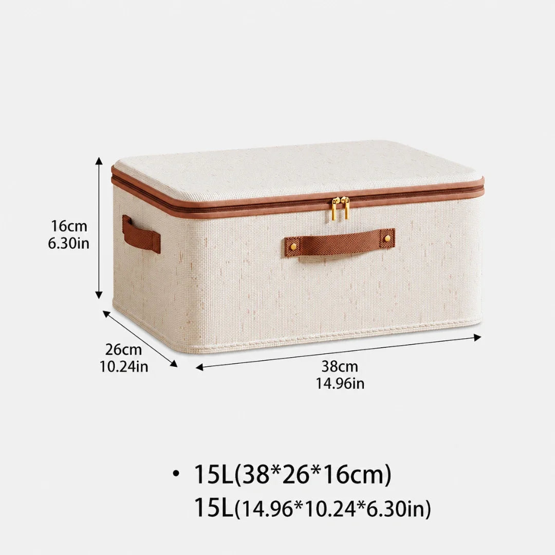 Storage Box in Cotton and Linen, Foldable with Zipped Lid