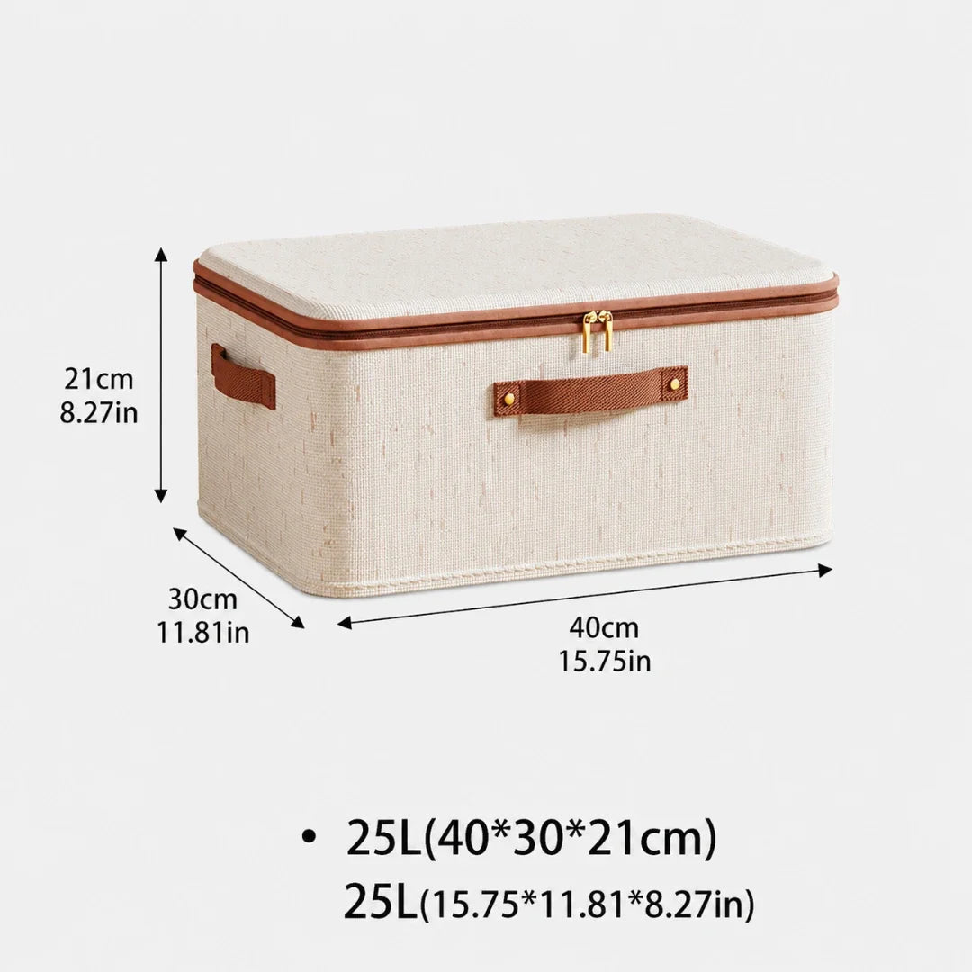 Storage Box in Cotton and Linen, Foldable with Zipped Lid