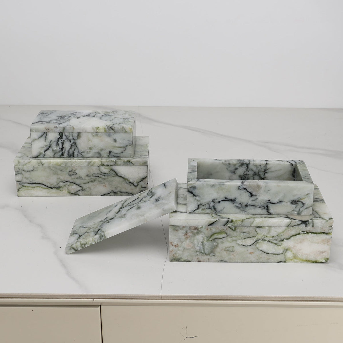 Storage Box in Solid Natural Marble with Lid, Jewellery Box