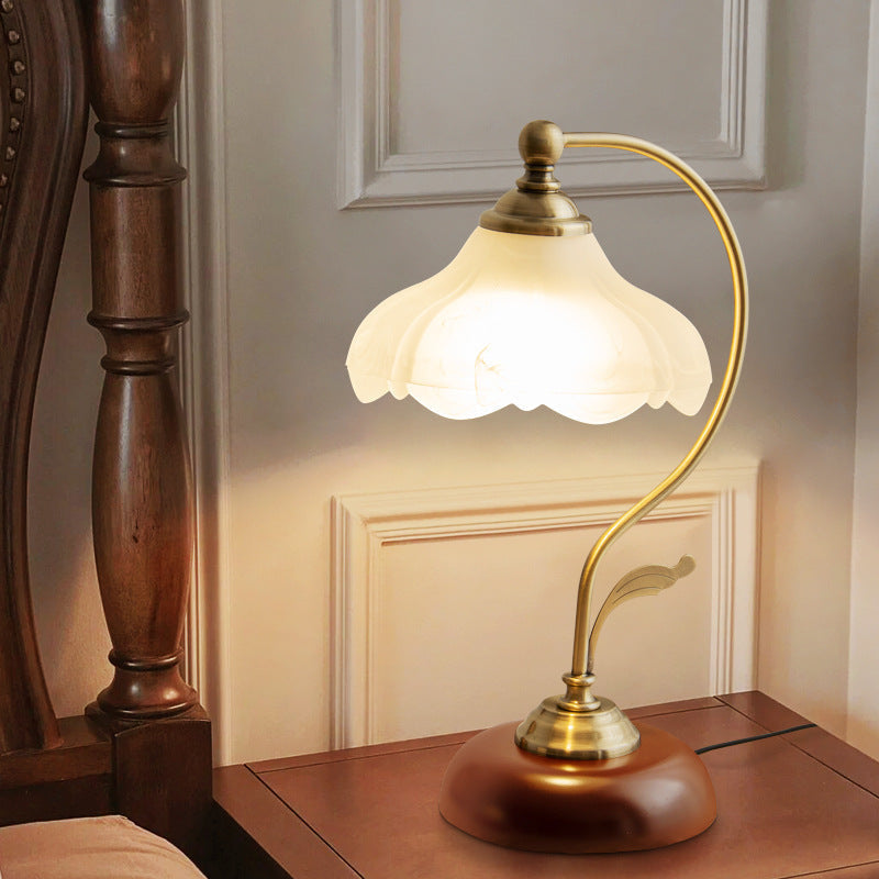 Table Lamp in Antique Brass, Flower-Shaped Opal Glass Shade and Solid Wood Base